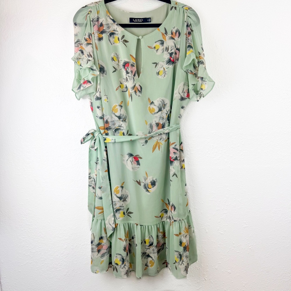 Lauren Ralph Lauren Mint Green Floral Georgette Ruffle Dress Size 12